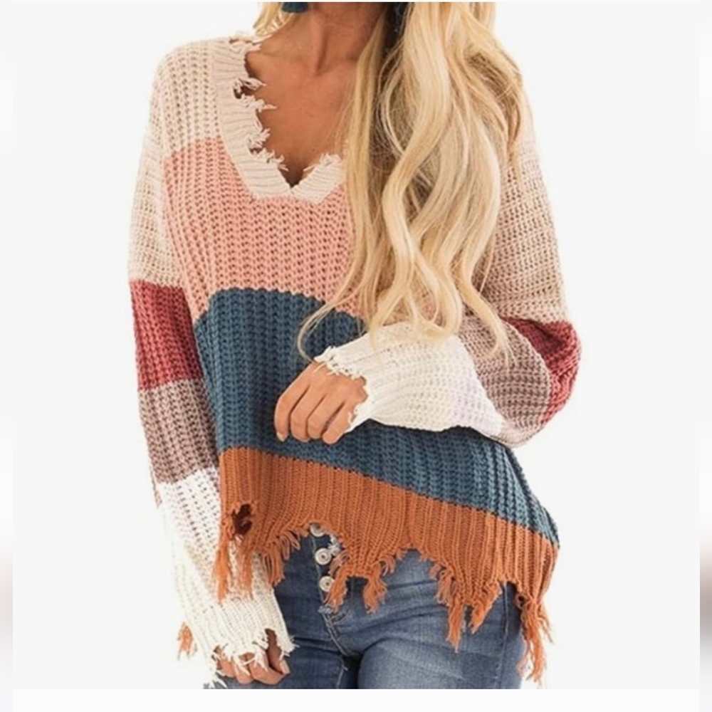 Leani Warm And Cozy Distressed Color‎ Block Sweater.